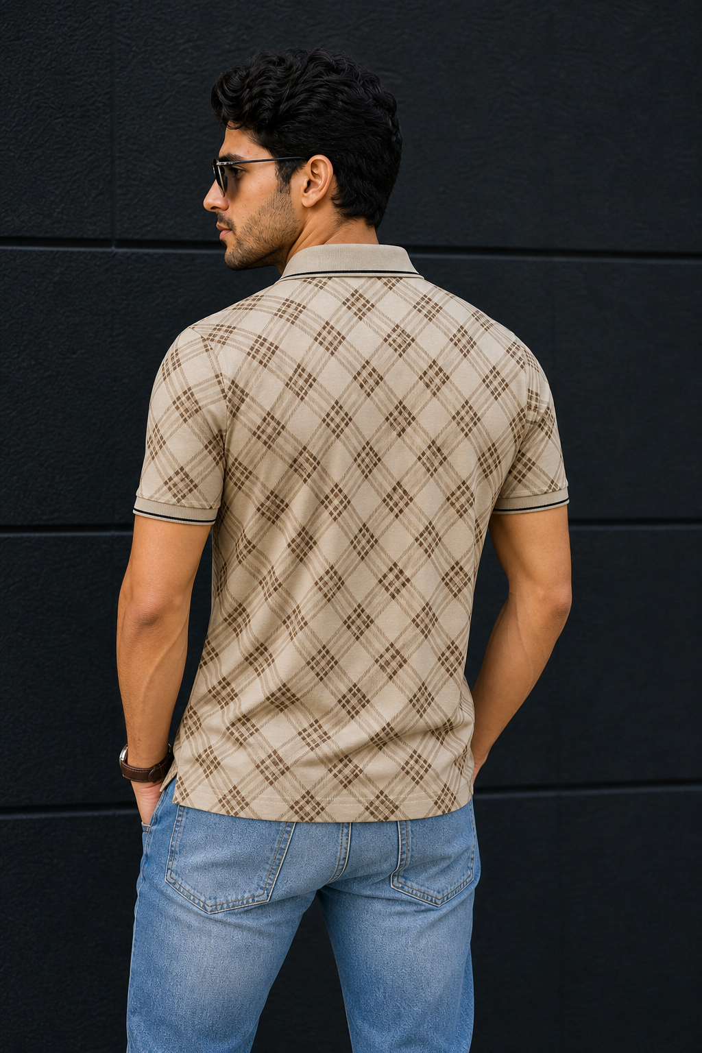 Men Beige Checked Polo Tshirt - Half Sleeve 119