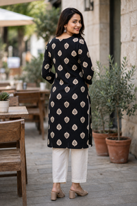 Women Black Cotton Kurti with Leaf Print - Back View