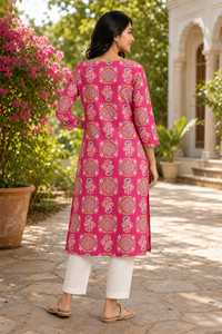 Women Pink Cotton Kurti with Mandala Ajrakh Block Print - Back View