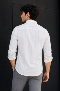 Men White & Blue Stripe Linen Cotton Shirt - Long Sleeves SUGA-525