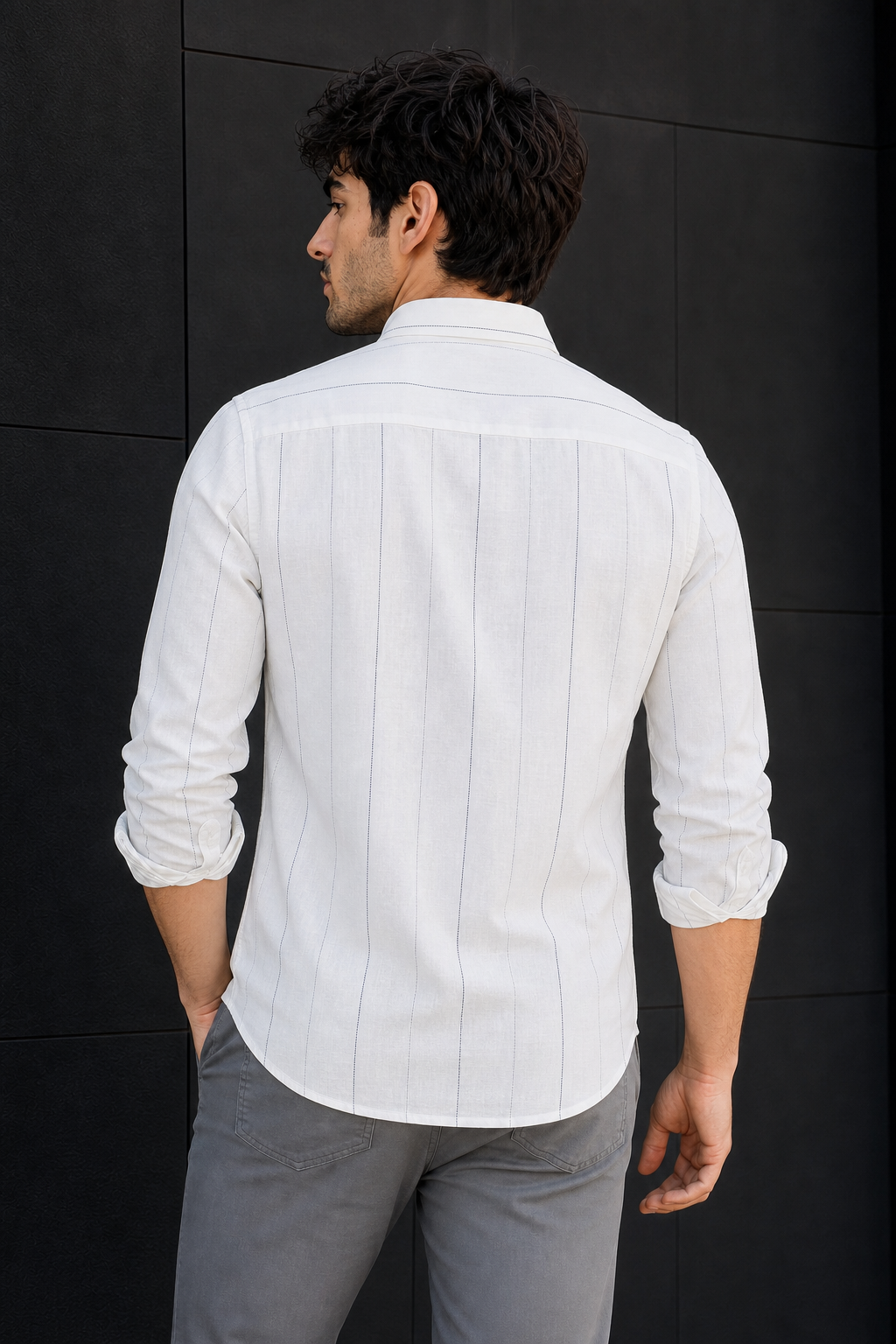 Men White & Blue Stripe Linen Cotton Shirt - Long Sleeves SUGA-525