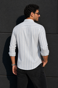 Men White & Blue Vertical Striped Linen Cotton Shirt - Full Sleeve SUGA-525