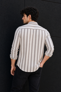Men Beige & Coffee White Bold Striped Linen Cotton Shirt Long Sleeve Office & Casual Wear SUGA-525
