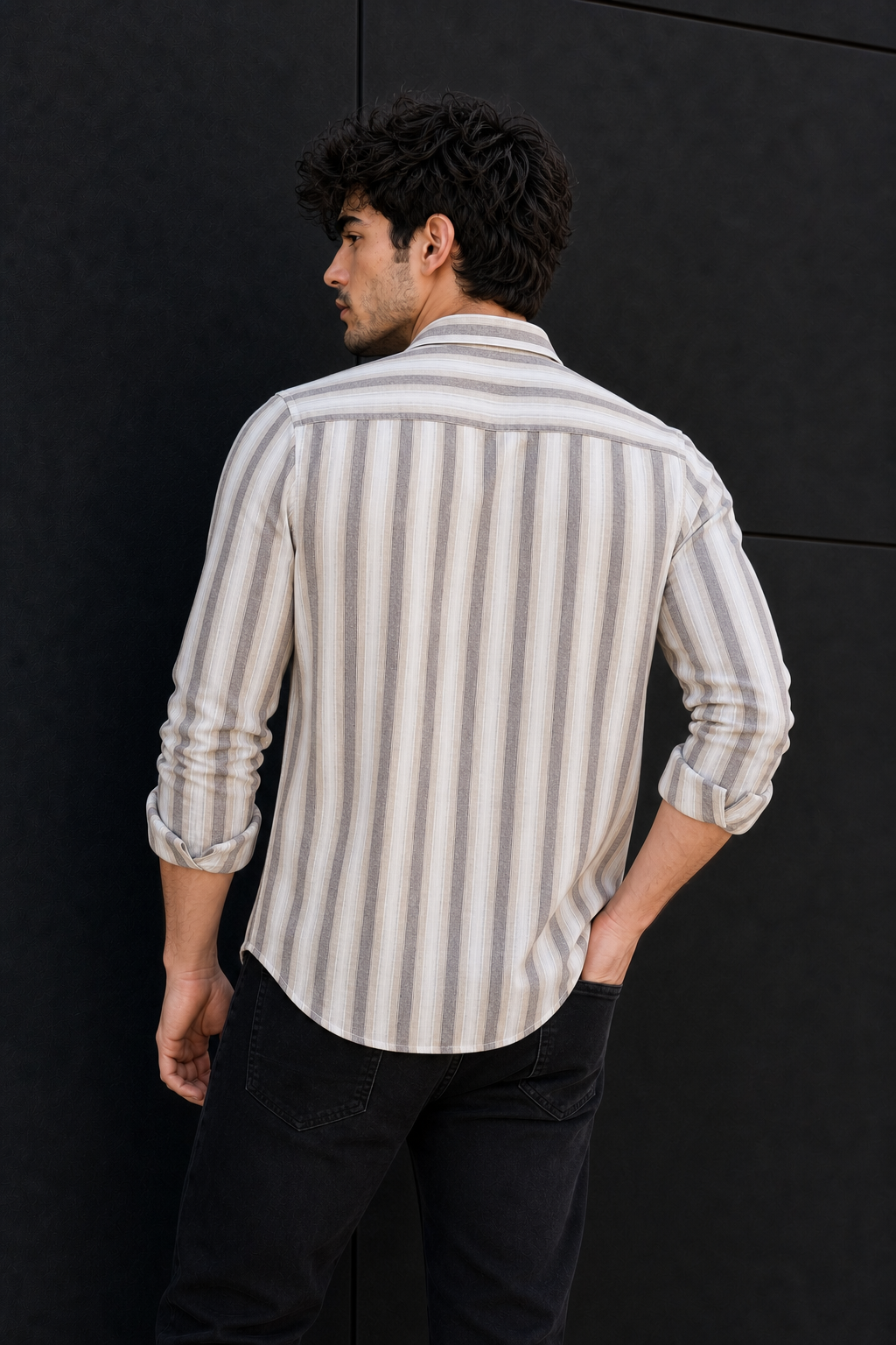 Men Beige & Coffee White Bold Striped Linen Cotton Shirt Long Sleeve Office & Casual Wear SUGA-525