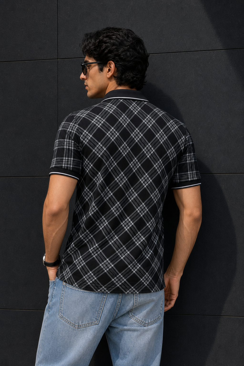 Men Black Checked Polo Tshirt - Half Sleeve 119