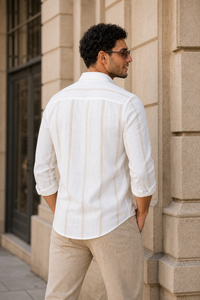 Men White & Fawn Bold Vertical Striped Linen Shirt - Full Sleeve SUGA-525