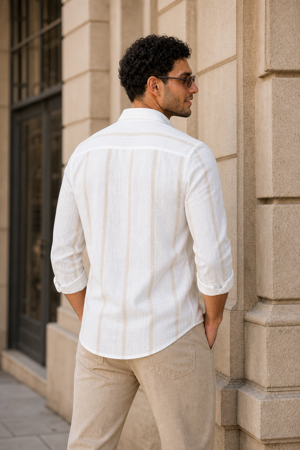 Men White & Fawn Bold Vertical Striped Linen Shirt - Full Sleeve SUGA-525