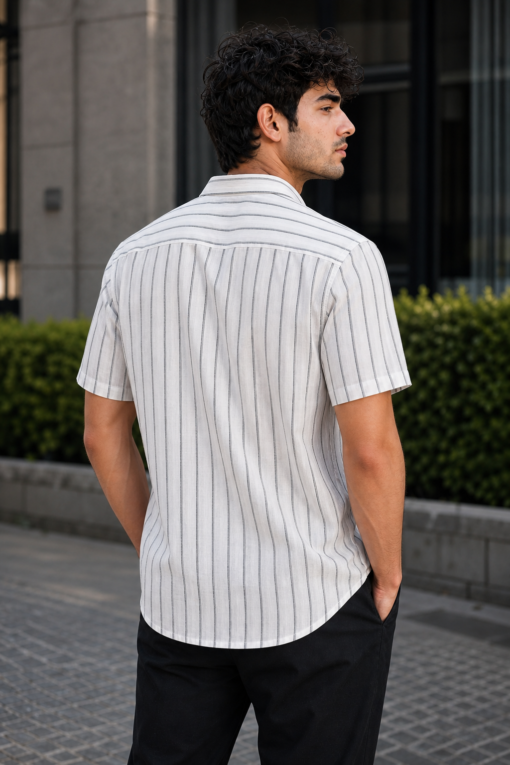 Men White & Grey Vertical Striped Linen Shirt - Half Sleeve SUGA-525