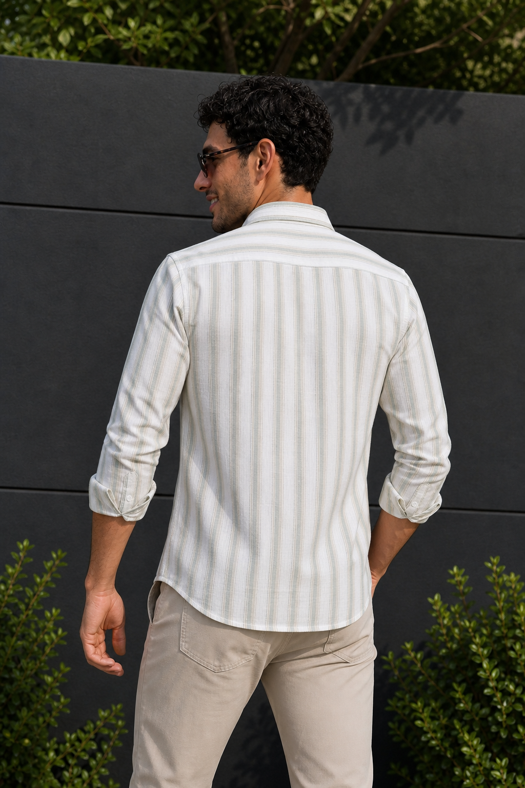 Men Beige & Pista White Bold Striped Linen Cotton Shirt Long Sleeve Office & Casual Wear SUGA-525