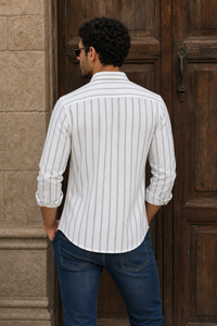  Men White & Olive Green Vertical Striped Linen Cotton Shirt - Full Sleeve SUGA-525
