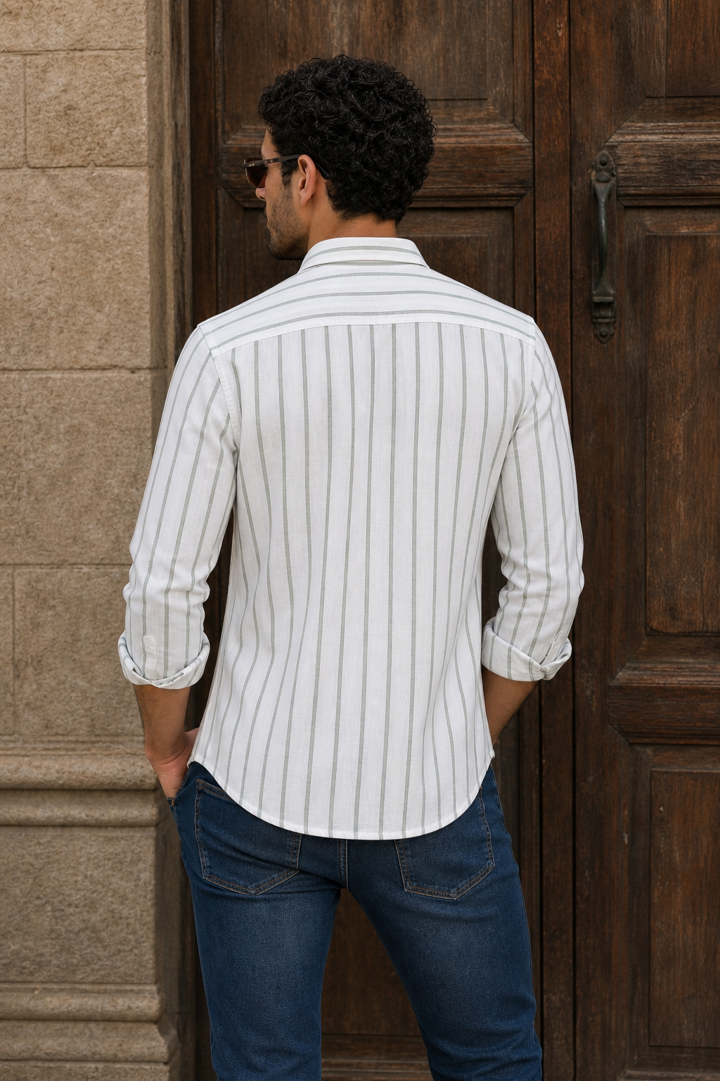  Men White & Olive Green Vertical Striped Linen Cotton Shirt - Full Sleeve SUGA-525