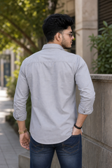 Men Grey Double Pocket Casual Shirt | Snap Button Denim Shirt