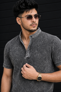 Men Black Acid Washed Henley Neck T-Shirt - Slim Fit 305