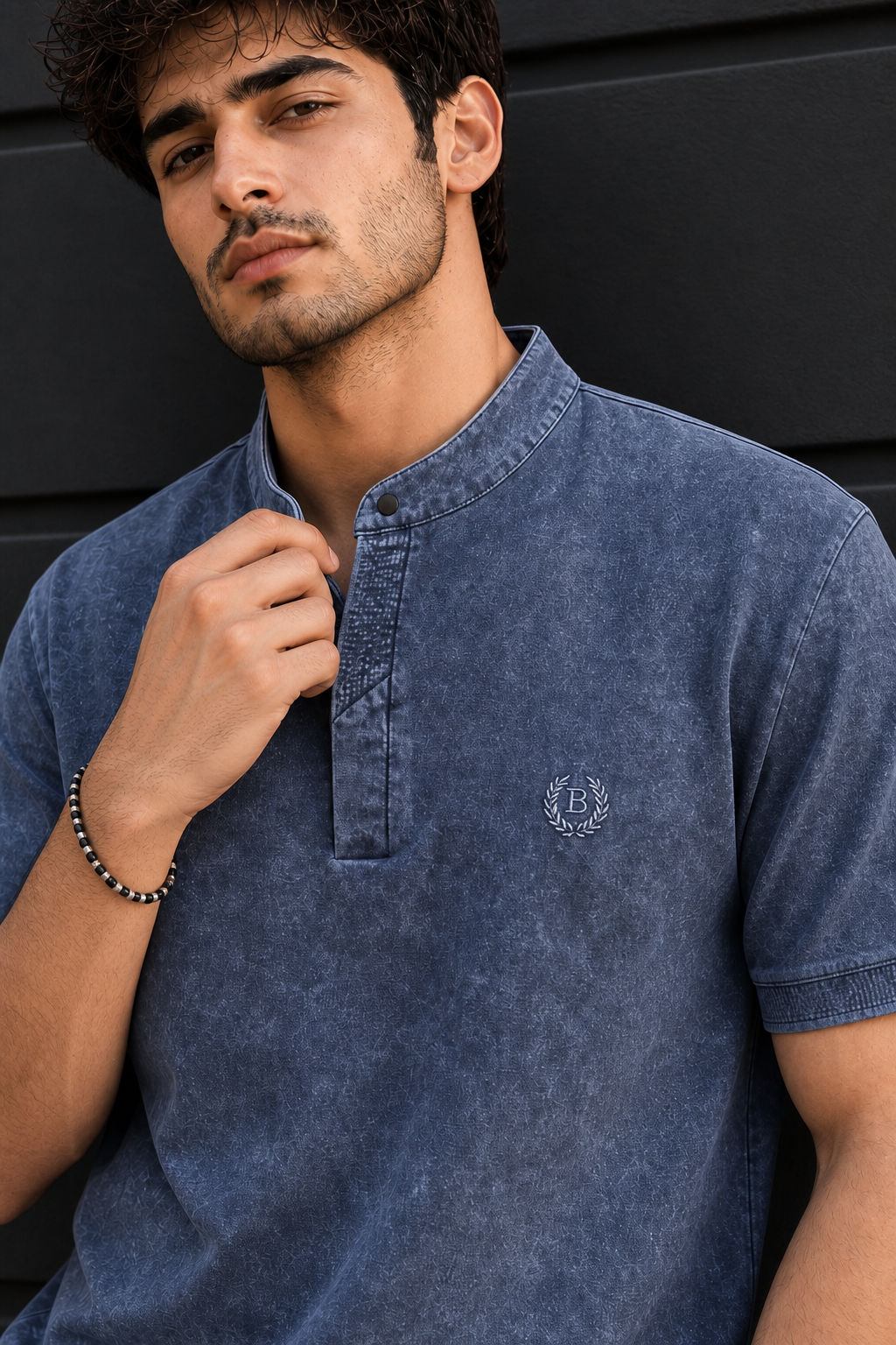 Men Blue Acid Washed Henley Neck T-Shirt - Slim Fit 305