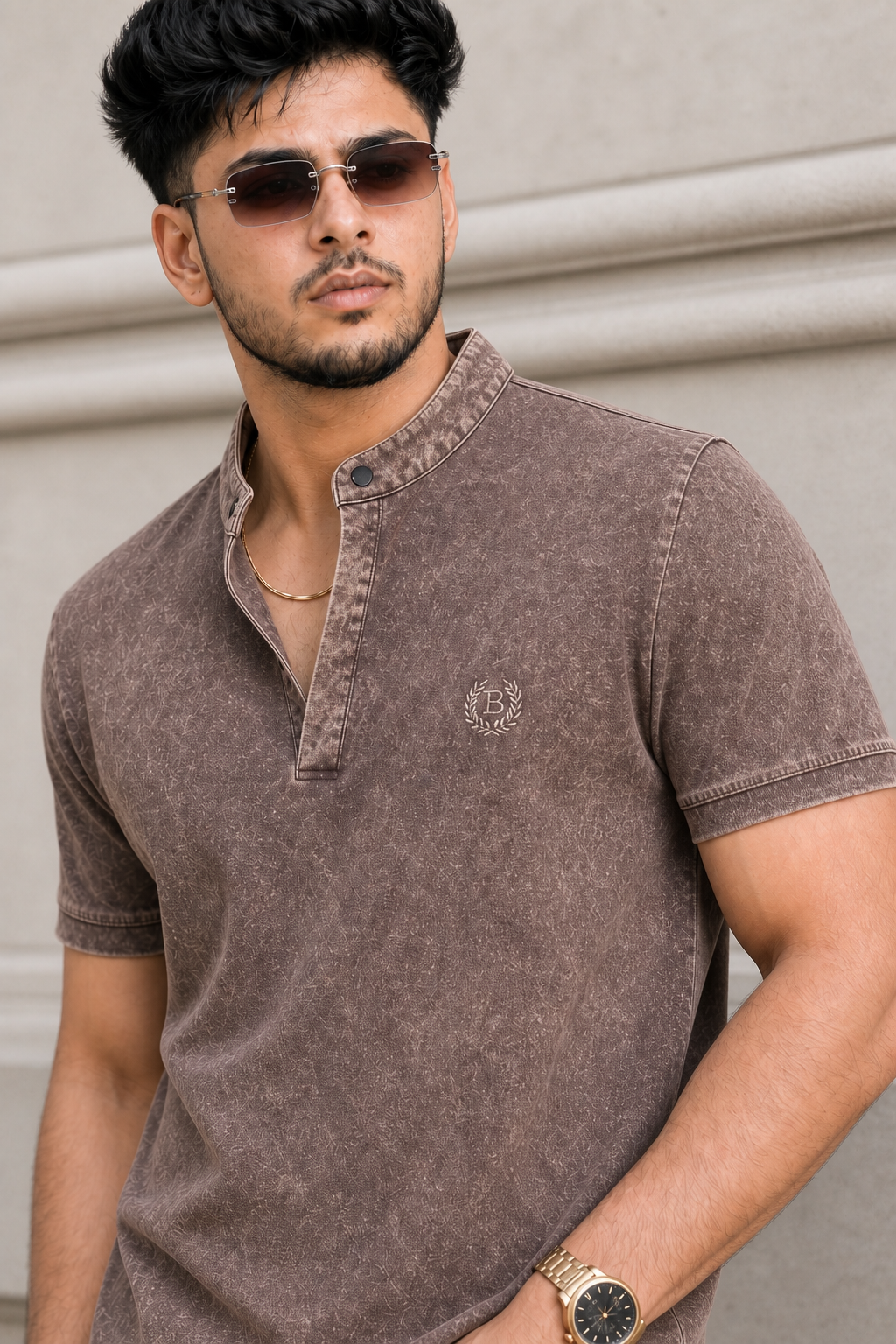 Men Brown Acid Washed Henley Neck T-Shirt - Slim Fit 305