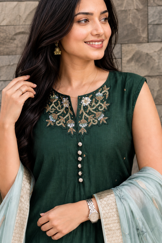 Women Bottle Green Zari Embroidered Kurti Pant Set with Dupatta 151-314