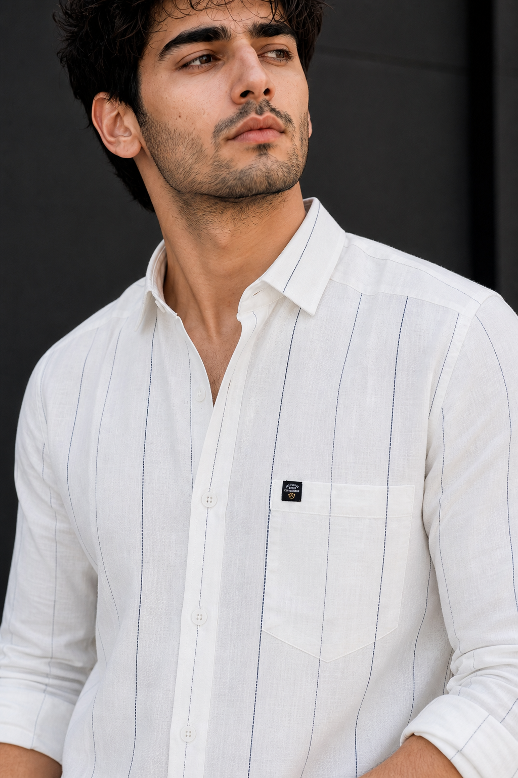 Men White & Blue Stripe Linen Cotton Shirt - Long Sleeves SUGA-525