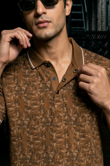 Men Brown Leaf Print Polo T-Shirt