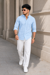 Men Solid Skyblue Premium Cotton Long Sleeve Shirt GIZA