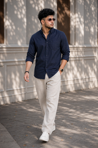 Men Solid Navy Blue Premium Cotton Long Sleeve Shirt GIZA