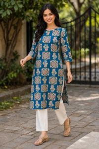 Women Teal Blue Cotton Kurti with Mandala Ajrakh Block Print ATL101