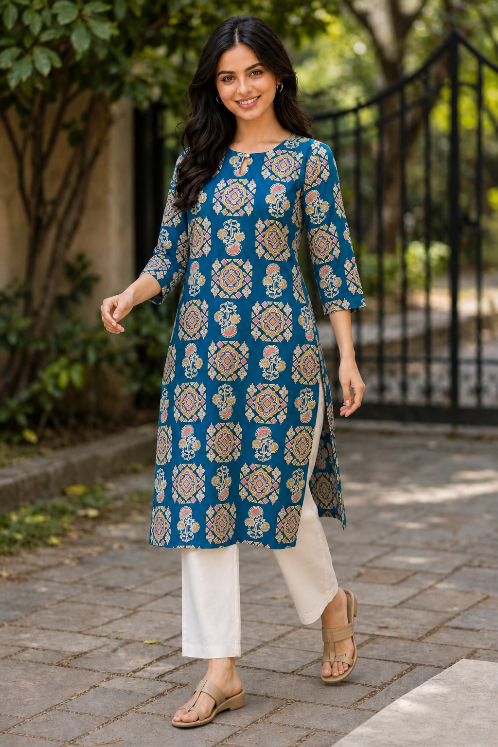 Women Teal Blue Cotton Kurti with Mandala Ajrakh Block Print ATL101