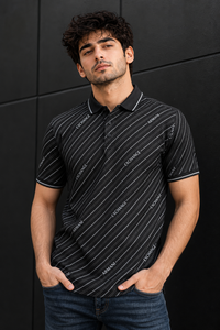 Men Premium Black Striped Polo T-Shirt with Snap Buttons 144