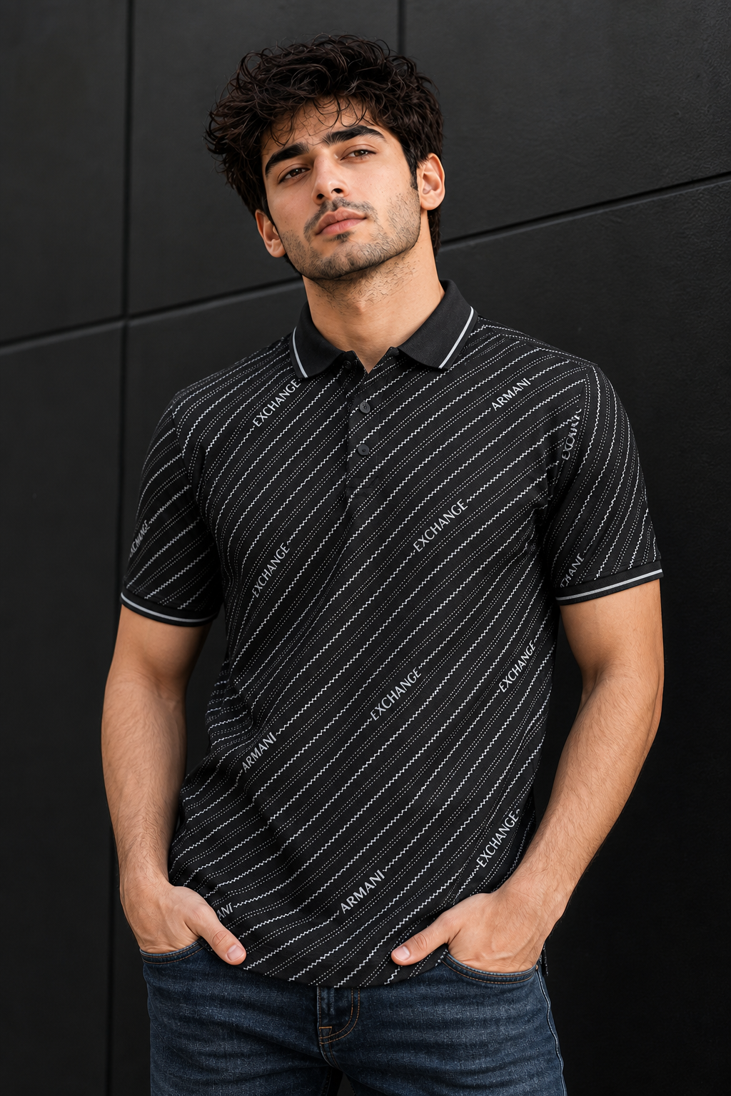 Men Premium Black Striped Polo T-Shirt with Snap Buttons 144