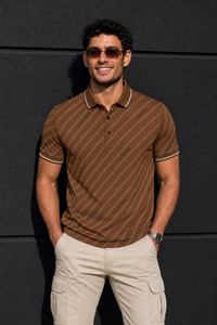 Men Premium Coffee Striped Polo T-Shirt with Snap Buttons 144