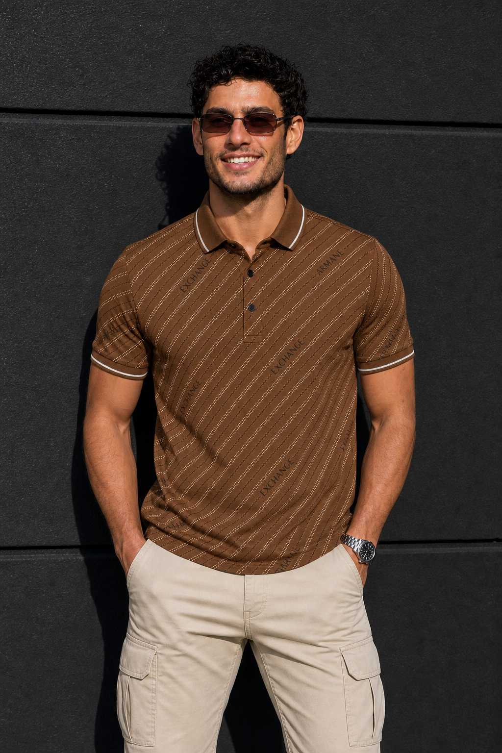 Men Premium Coffee Striped Polo T-Shirt with Snap Buttons 144