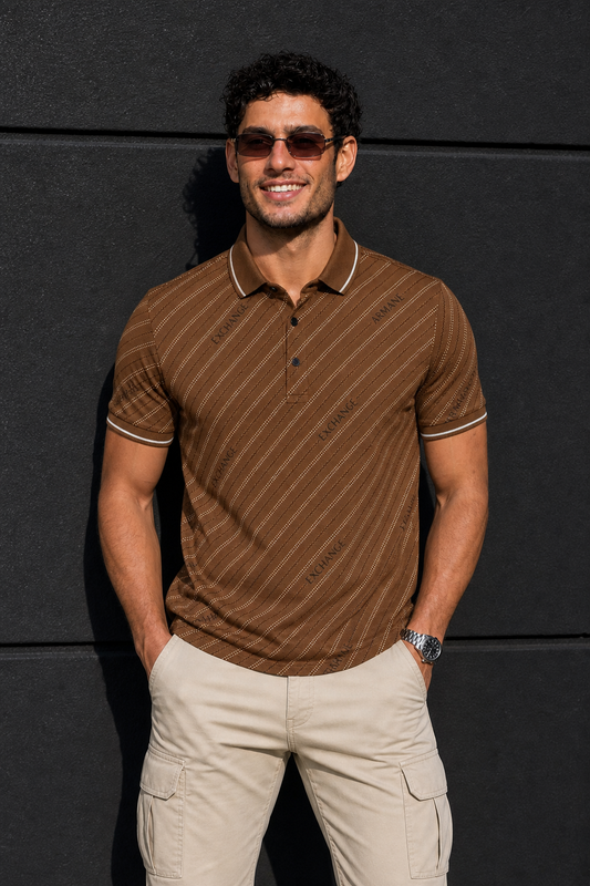 Men Premium Coffee Striped Polo T-Shirt with Snap Buttons 144