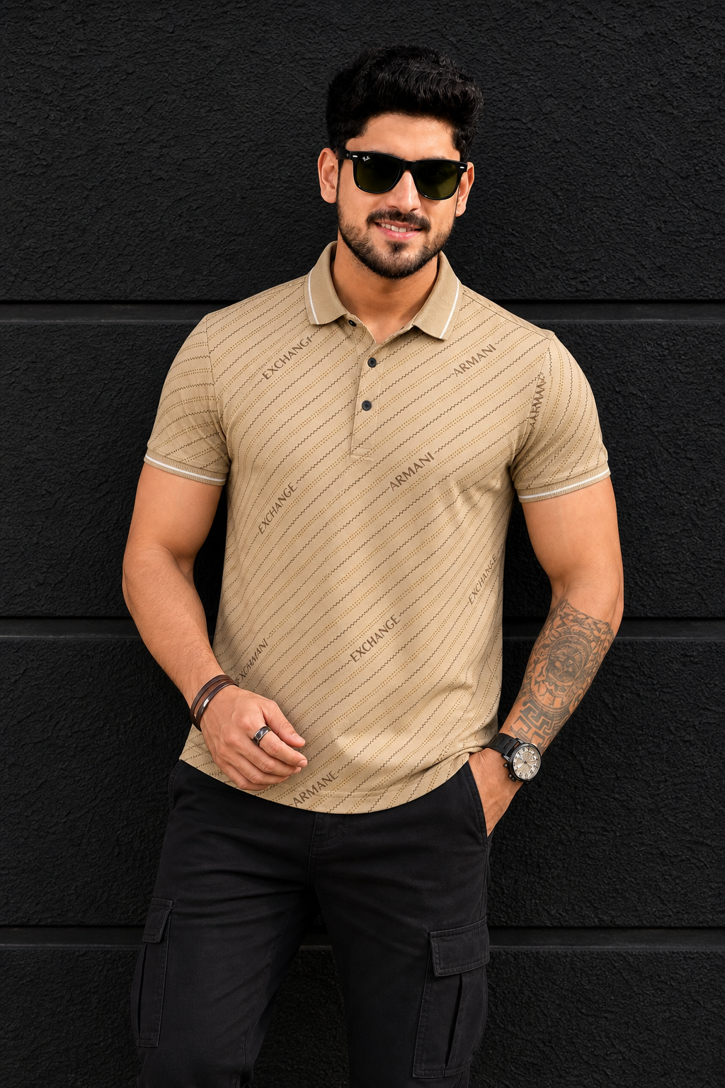 Men Premium Fawn Striped Polo T-Shirt with Snap Buttons 144