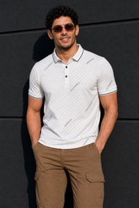 Men Premium White Striped Polo T-Shirt with Snap Buttons 144