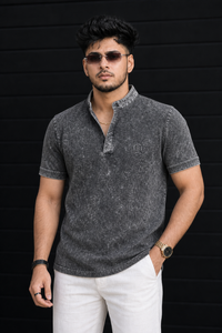 Men Black Acid Washed Henley Neck T-Shirt - Slim Fit 305