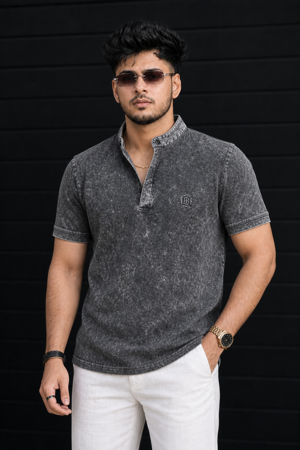 Men Black Acid Washed Henley Neck T-Shirt - Slim Fit 305