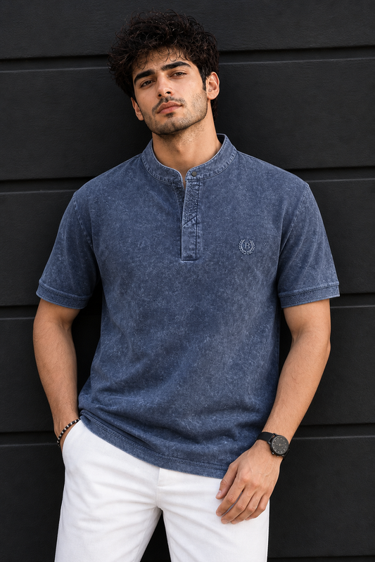 Men Blue Acid Washed Henley Neck T-Shirt - Slim Fit 305