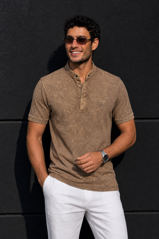 Men Rust Acid Washed Henley Neck T-Shirt - Slim Fit 305