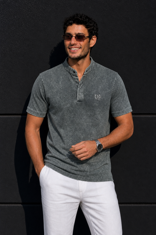 Men Pista Acid Washed Henley Neck T-Shirt - Slim Fit 305