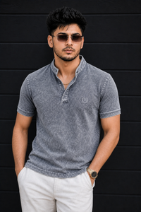 Men Grey Acid Washed Henley Neck T-Shirt - Slim Fit 305