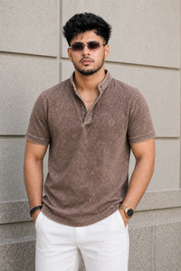 Men Brown Acid Washed Henley Neck T-Shirt - Slim Fit 305