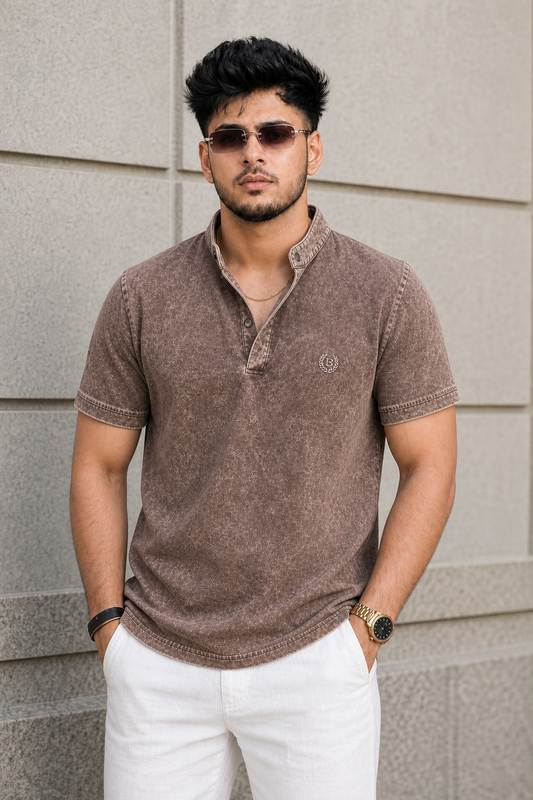 Men Brown Acid Washed Henley Neck T-Shirt - Slim Fit 305