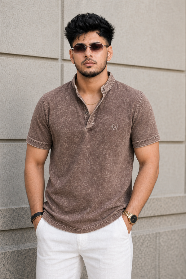 Men Brown Acid Washed Henley Neck T-Shirt - Slim Fit 305