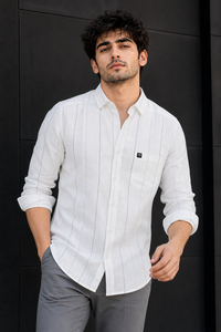 Men White & Blue Stripe Linen Cotton Shirt - Long Sleeves SUGA-525
