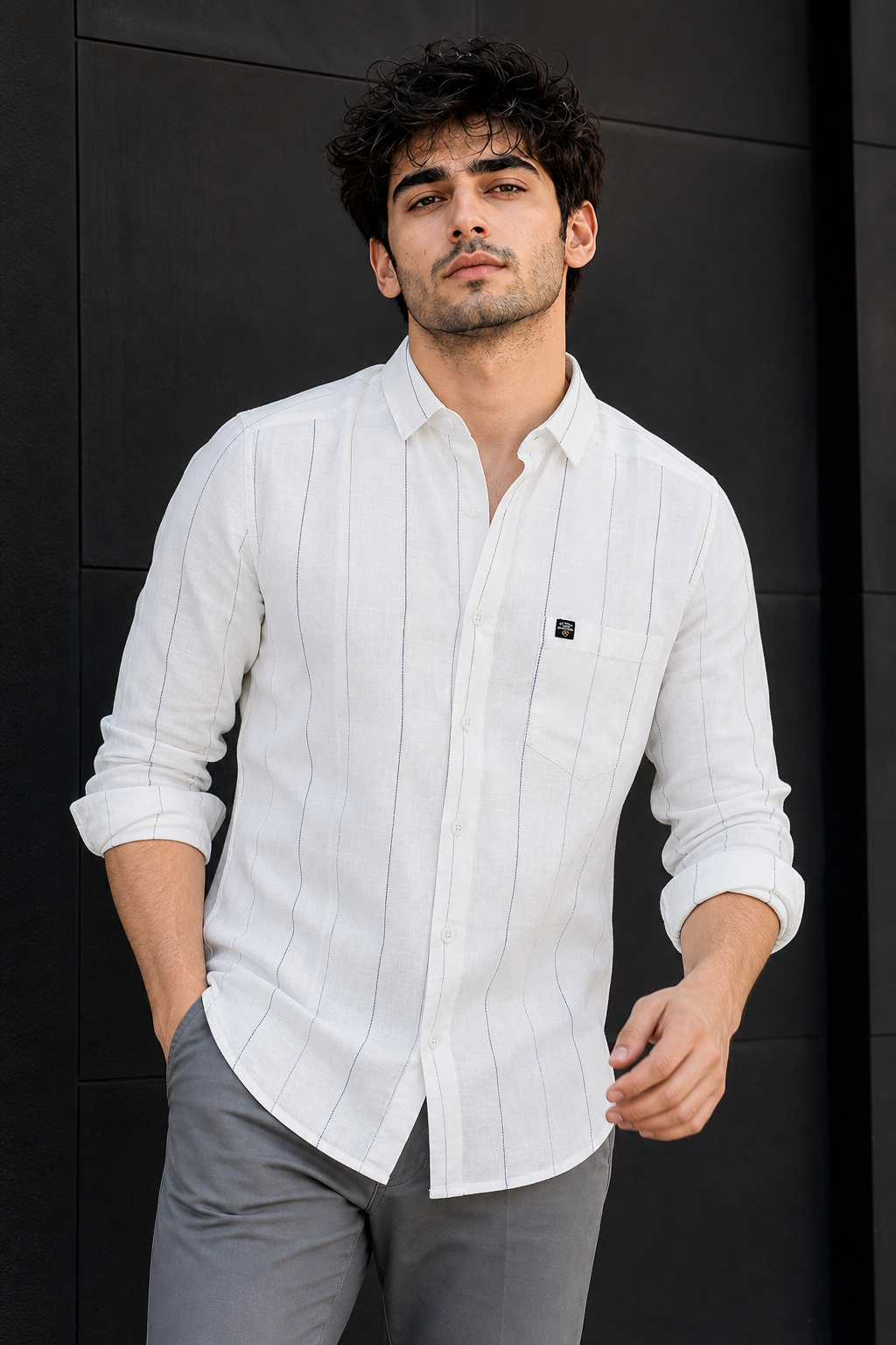 Men White & Blue Stripe Linen Cotton Shirt - Long Sleeves SUGA-525