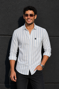 Men White & Blue Vertical Striped Linen Cotton Shirt - Full Sleeve SUGA-525