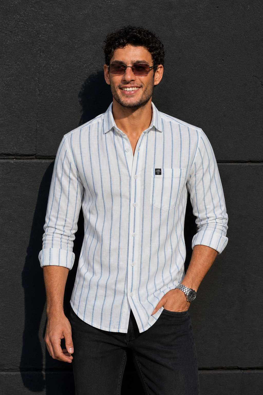 Men White & Blue Vertical Striped Linen Cotton Shirt - Full Sleeve SUGA-525