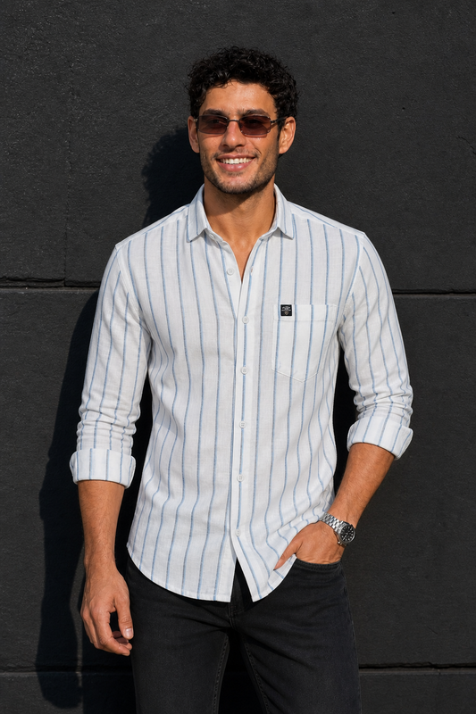 Men White & Blue Vertical Striped Linen Cotton Shirt - Full Sleeve SUGA-525