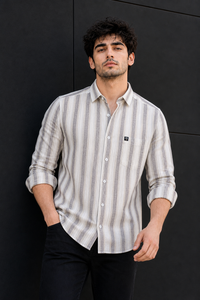 Men Beige & Coffee White Bold Striped Linen Cotton Shirt Long Sleeve Office & Casual Wear SUGA-525