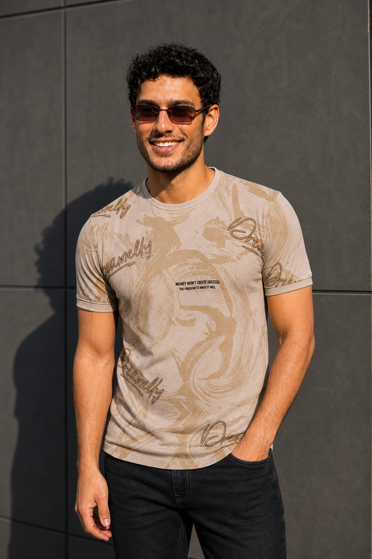 Men Beige Graphic Printed Crew Neck T-Shirt ATL80206