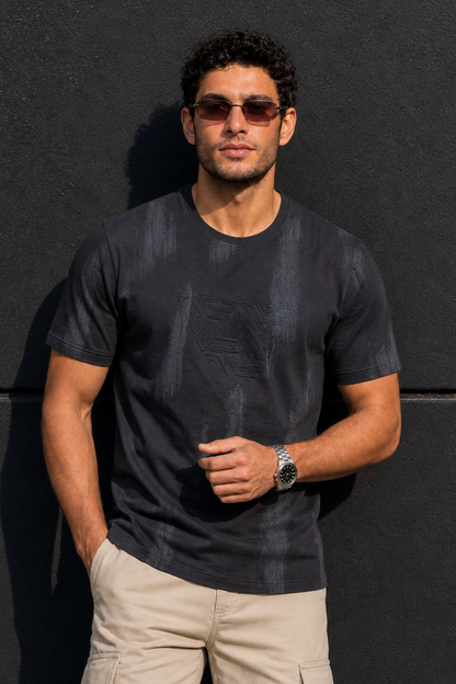Men Black Embossed Geometric Printed Round Neck T-Shirt ATL80207
